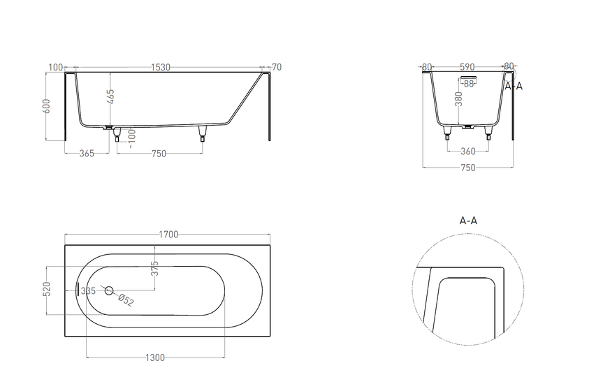 Ванна встраиваемая Salini Fabia 170, 1700х750х600, Sapirit, белый глянец, 102611G