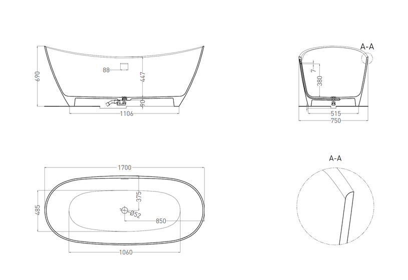 Ванна отдельностоящая Salini Noemi Basso, Sapirit, 1700х750х680 мм, белая глянцевая, 101712G