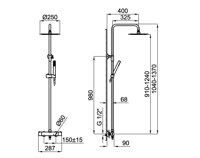 100323237 Душевая стойка с термостатом Noken Round Inox, полированная нержавеющая сталь