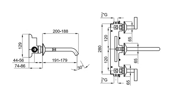 100238532 Noken Lignage Lux Смеситель для раковины на 3 отверстия из стены, хром