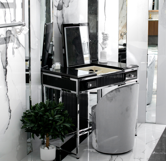 Композиция Oasis Academy (Консоль с раковиной, Зеркало, Светильники, Смеситель, Туалетный столик) Lac.Ribbed Black/ Chrome/ Nero Marquinia