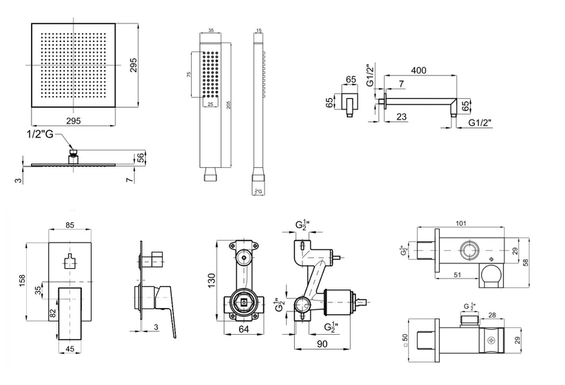 100337025 Noken Square Black Комплект для душа, черный