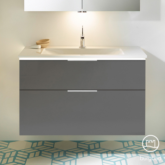 Тумба с керамической раковиной Burgbad Eqio, 93 см, Серый глянец, (SEYQ093) Без ручек