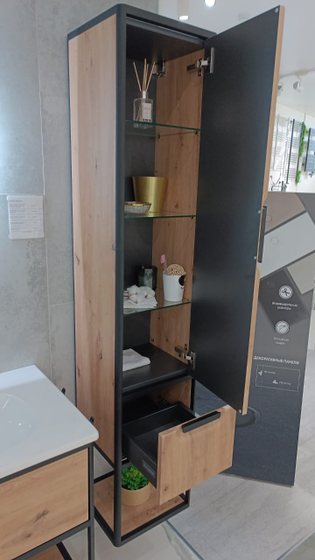 Комплект мебели Burgbad Vry, 93 см, Urban oak decor, пенал, крючки, зеркало, полотенцедержатель