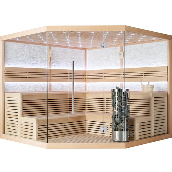 Сауна 1101XL Hemlock (250х250х210) каменная печь 9kW, дерево,LED подсветка,стекло 8мм