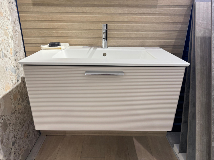 Тумба с керамической матовой раковиной Verona Dune 82,6 см, M31 Льняной, фрезеровка F28, донный клапан