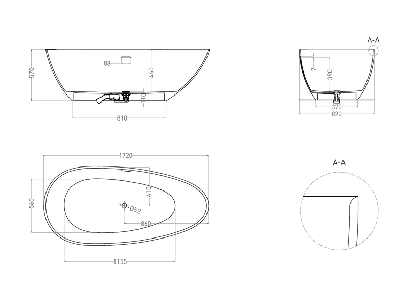 Ванна отдельностоящая Salini Paola Bassa 172, Solix, 1720х820х570 мм, белая матовая, 101612SM