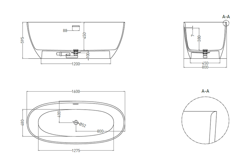 Ванна отдельностоящая Salini Alda Nuova, Solix,1600х800х580 мм, белая матовая, 101923M