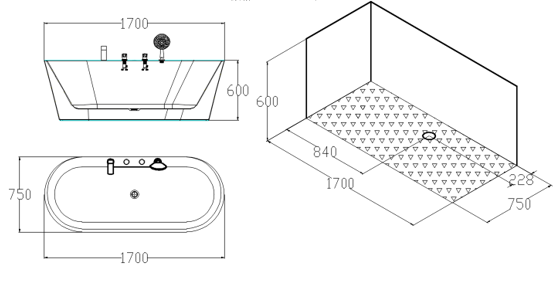 Ванна HB1609-7 акриловая(1700х800х600) свободностоящая, смеситель в комплекте