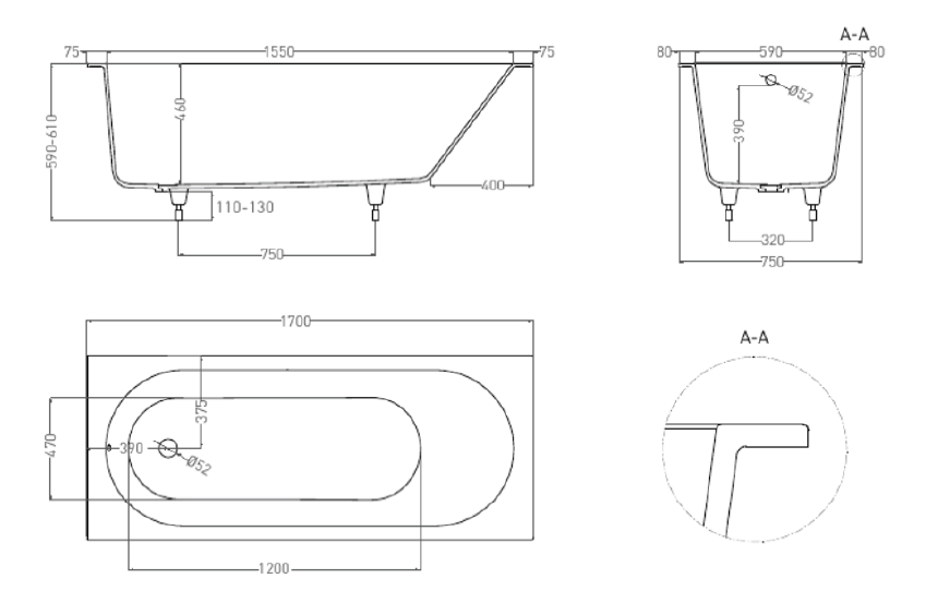 Ванна Lofo 170х75 Solid Surface UM12222, матовая