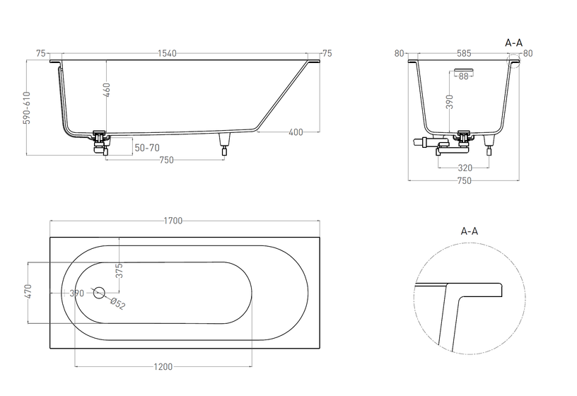Ванна встраиваемая Salini Ornella Kit, S-Stone (Solix), 1700x750x600, белая, 102421M