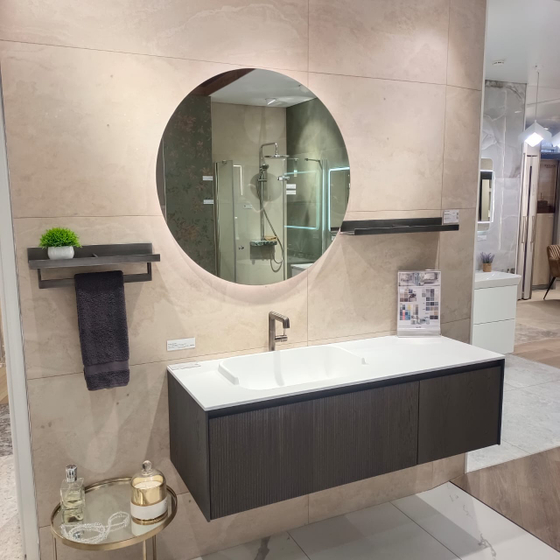 Комплект мебели Novello D'Art 137 см, Rovere Fumo, 2 тумбы, столешница с раковиной, зеркало, 2 полки