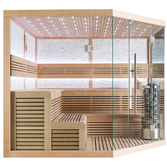 Сауна 1101XL Hemlock (250х250х210) каменная печь 9kW, дерево,LED подсветка,стекло 8мм