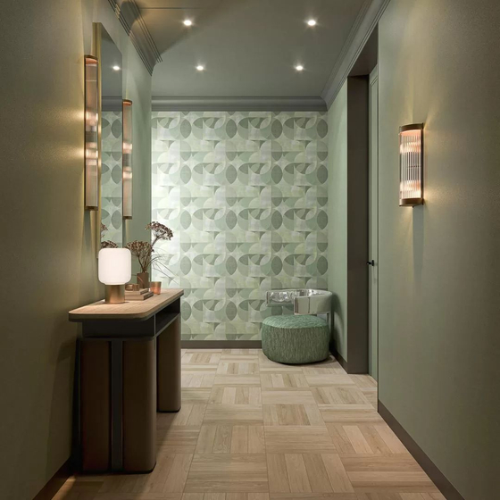 KM8513 Обои виниловые на флизелиновой основе Шафран мотив, зеленый круги Kerama Marazzi