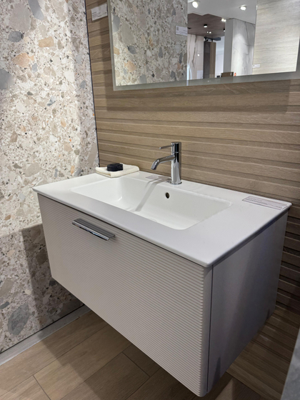 Тумба с керамической матовой раковиной Verona Dune 82,6 см, M31 Льняной, фрезеровка F28, донный клапан