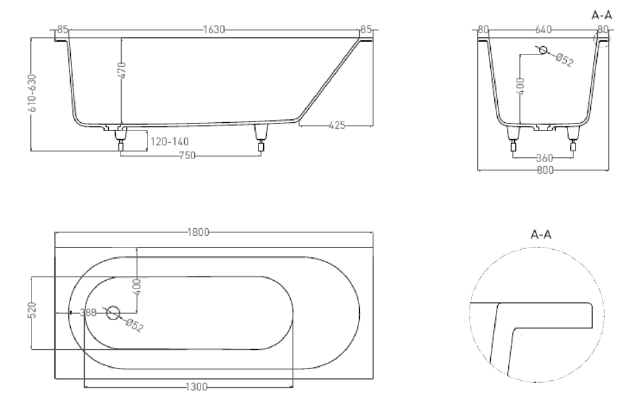 Ванна Lofo 180х80 Solid Surface UM12312, матовая