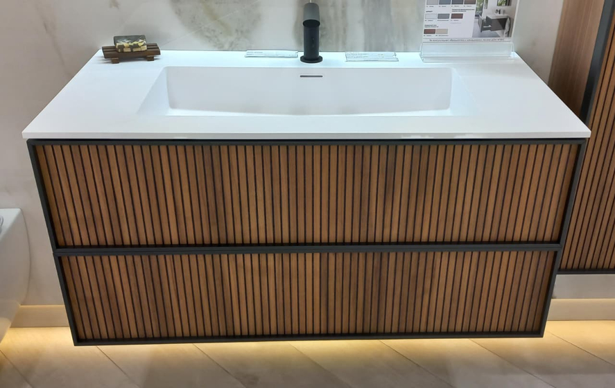 Тумба с раковиной Verona Quadro 80 см, V11 Орех, фрез F12, раковина Well Solid Cast белая матовая, донный клапан