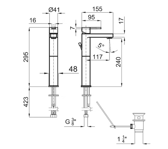100121307 Noken Urban New Смеситель для раковины высокий с донным клапаном, хром