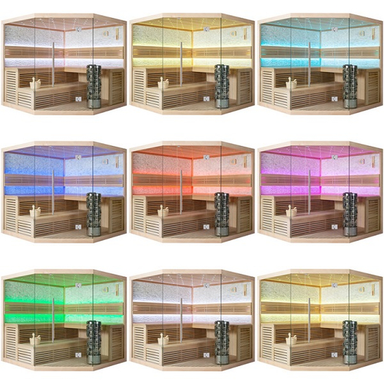 Сауна 1101XL Hemlock (250х250х210) каменная печь 9kW, дерево,LED подсветка,стекло 8мм