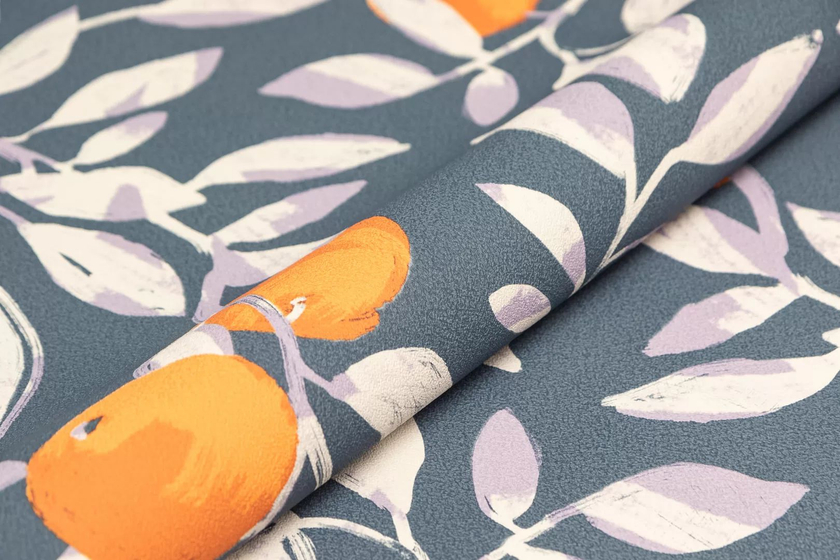 KM8503 Обои виниловые на флизелиновой основе Шафран мотив, синий, апельсины Kerama Marazzi