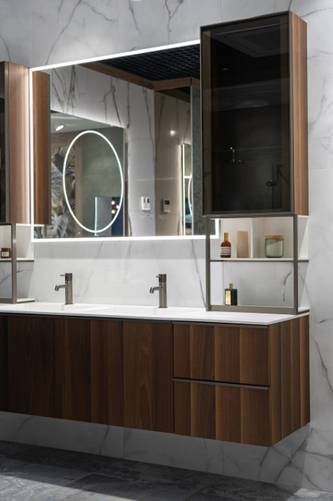Комплект мебели Novello Quari 210 см Noce Affumicato, 4 тумбы, 2 раковины, зеркало, 2 шкафа, 2 полки