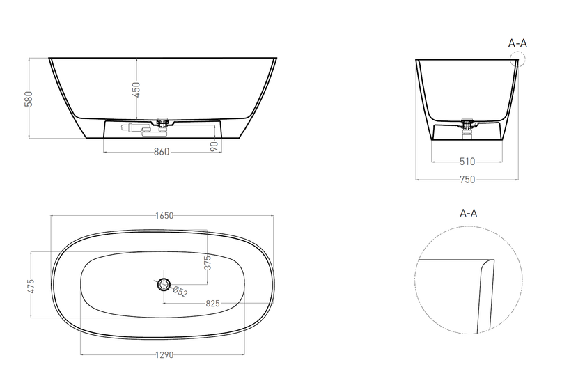 Ванна отдельностоящая Salini Sofia Light Sapirit, 1650х750х590, белый глянец, без перелива, 103611G