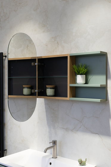 Комплект мебели Novello Bloom 80 см, тумба с раковиной, пенал, зеркало с боковой полкой, oliva opaco