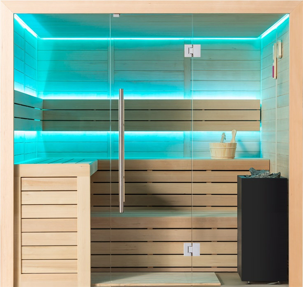 Сауна 1612 Hemlock (220х200х210) каменная печь 9kW, дерево,LED подсветка,стекло 8мм