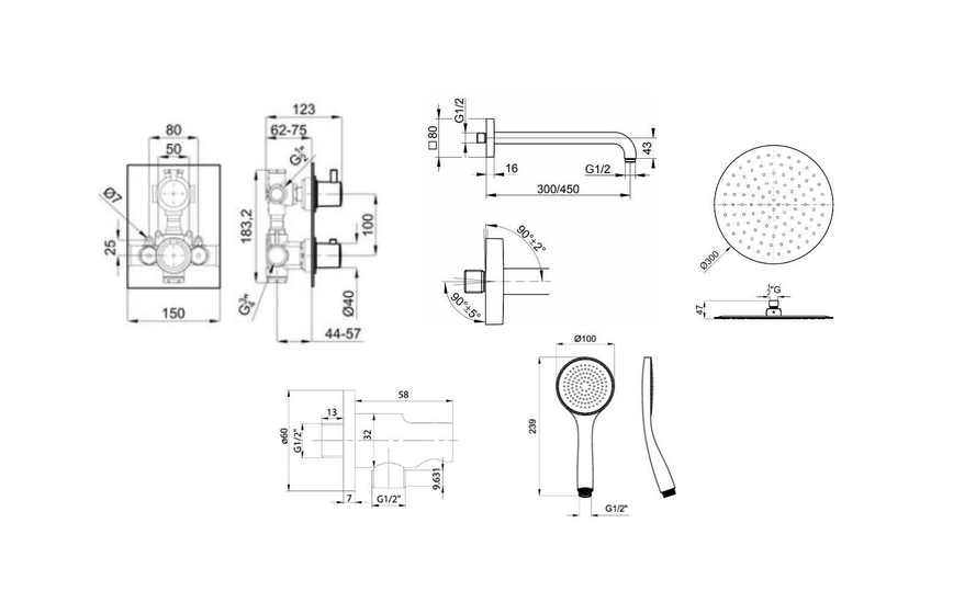 Pack Noken Urban с термостатом 2 выхода, хром (смеситель+встроенная часть/кронштейн/верхний душ/подвод воды с держателем/лейка/шланг