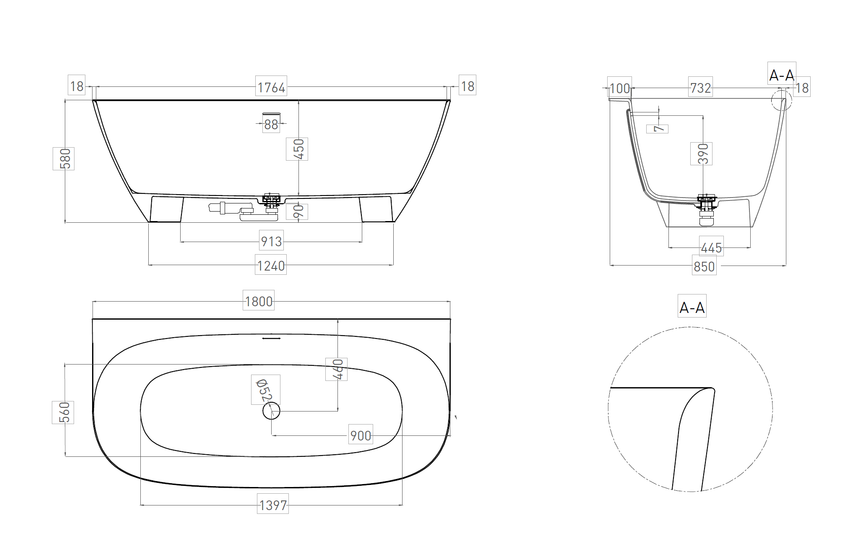 Ванна пристенная Salini Sofia Wall, Solix, 1800x800x580 мм, белая, 102523M