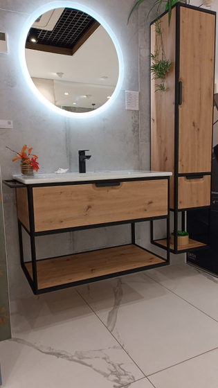 Комплект мебели Burgbad Vry, 93 см, Urban oak decor, пенал, крючки, зеркало, полотенцедержатель