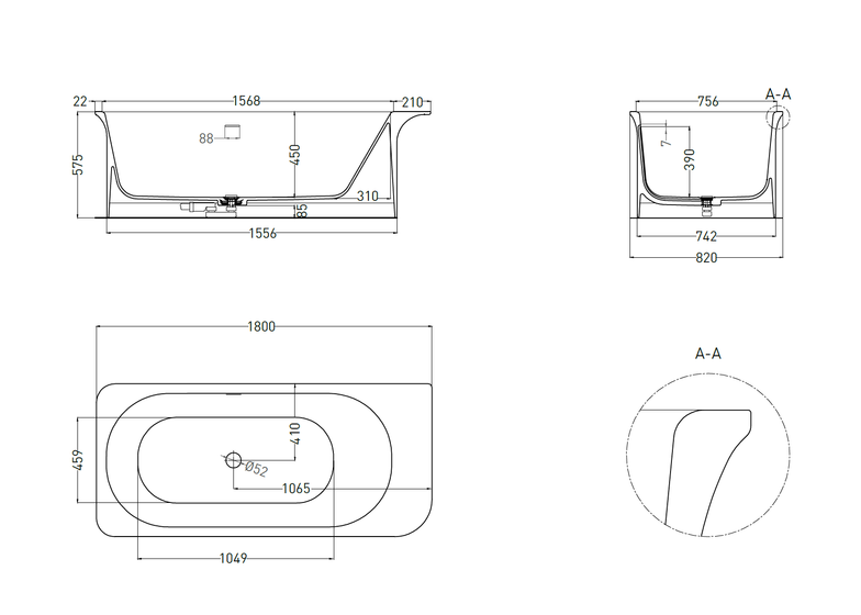 Ванна отдельностоящая Salini Ninfea Solix, 1800х820х575 мм, белая матовая, 102721M