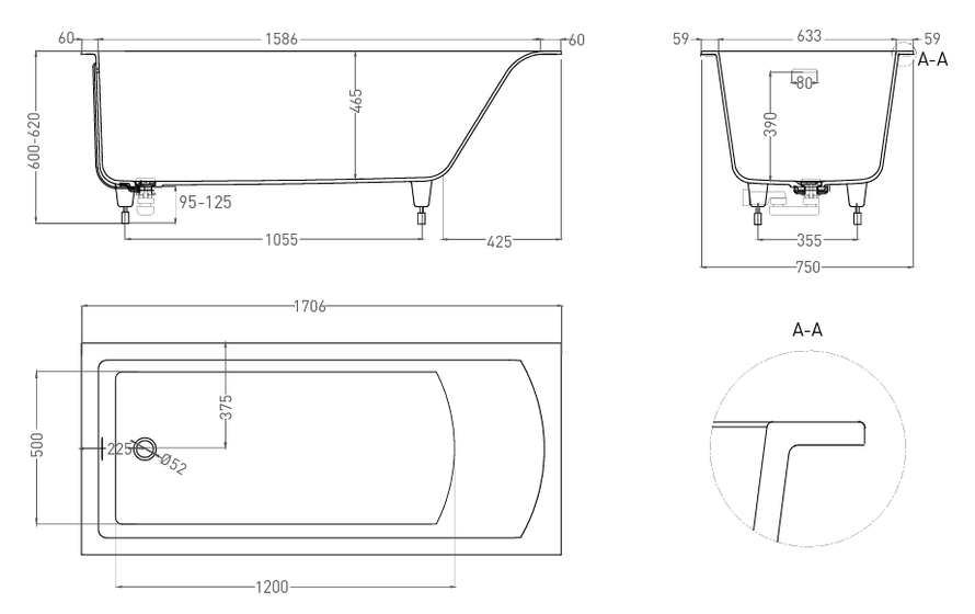 Ванна встраиваемая Salini Cascata Kit, S-Sense, 1706x750x620, белая матовая, 104313M