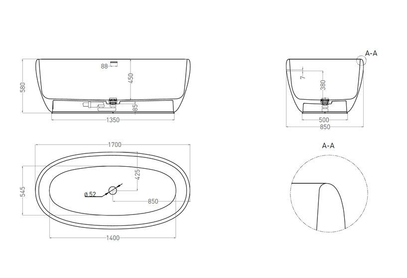 Ванна отдельностоящая Salini Luce New, Solix, 1700х850х580, белая, 100121M