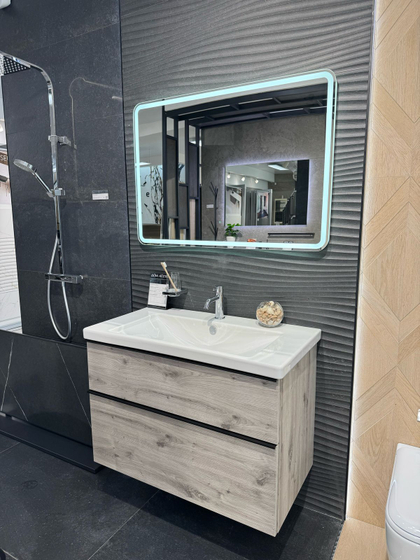 Тумба с керамической раковиной Burgbad Eqio, 93 см, Silver Oak, (SEYQ093), ручки G0252 черные