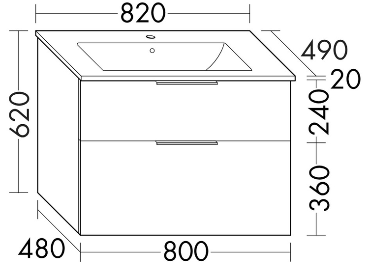 Тумба с керамической раковиной Burgbad Eqio Slim, 82 см, Белый глянец F2009, (SHBT082), Ручки черные