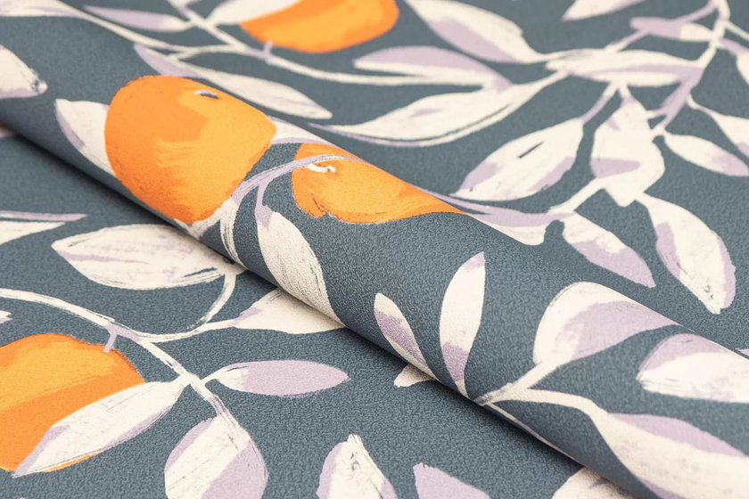 KM8503 Обои виниловые на флизелиновой основе Шафран мотив, синий, апельсины Kerama Marazzi