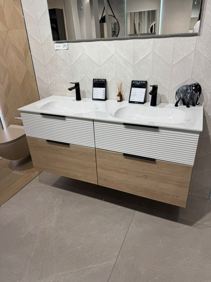 Тумба с раковиной Burgbad Fiumo, 142 см, 4 ящика, фасад Дуб кашемир/белый (SGGS142+MWII142)