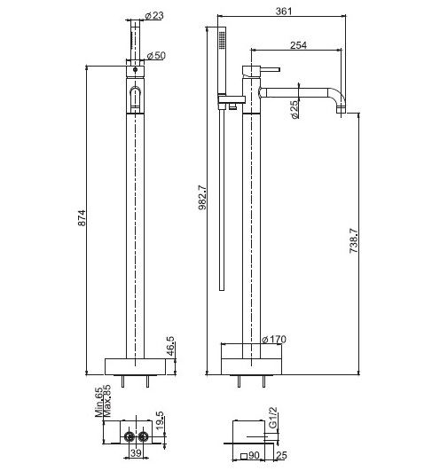 F3034/6NS Spillo Up Смеситель для ванны, напольный, черный матовый