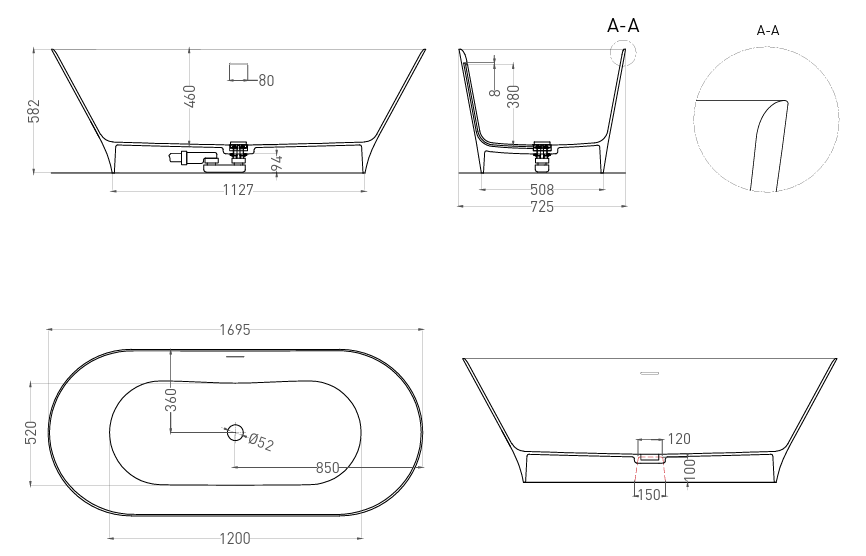 Ванна отдельностоящая Mona, Solix, 169,5 x72,5 x 58,2 мм, белая, 102922M