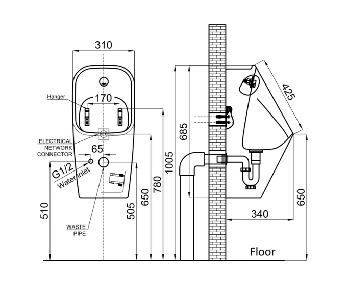 Писсуар Noken Acro COMPACT 100345412  подвесной ИК клапан смыва, транс AC-DC 220 В или 4 батарей
