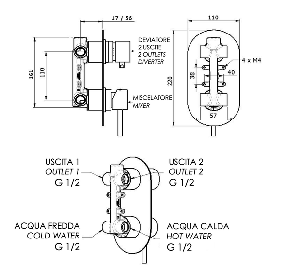 X92 Смеситель встраиваемый в стену Remer X Style, 2 выхода, хром
