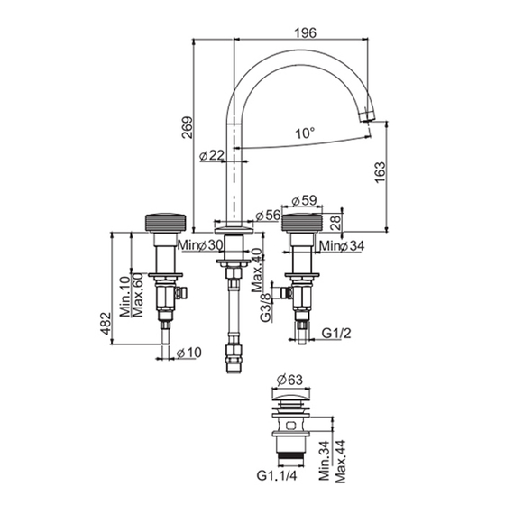 F5611VCR Смеситель Fima Texture Collection V д/раковины,3отверстия,хром + ручки C24N (пара) белый мрамор