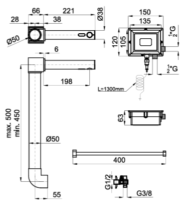 100286605 Noken Rondo ИК смеситель для раковины с 1 подводом воды,4х1,5 В(АА)