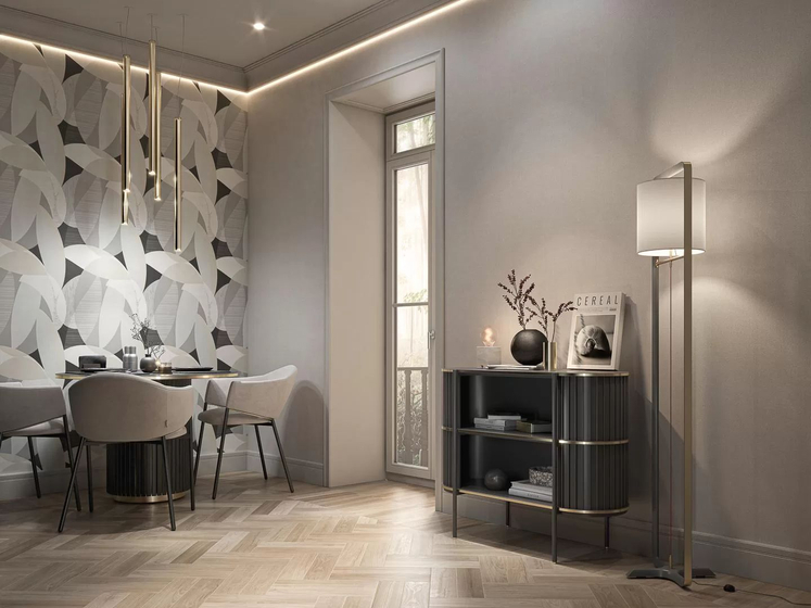 KM8508 Обои виниловые на флизелиновой основе Шафран мотив, черный листья Kerama Marazzi