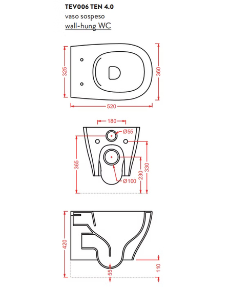 Чаша подвесного унитаза ARTCERAM, Ten Rimless 36x52 см, белый TEV006 01 00