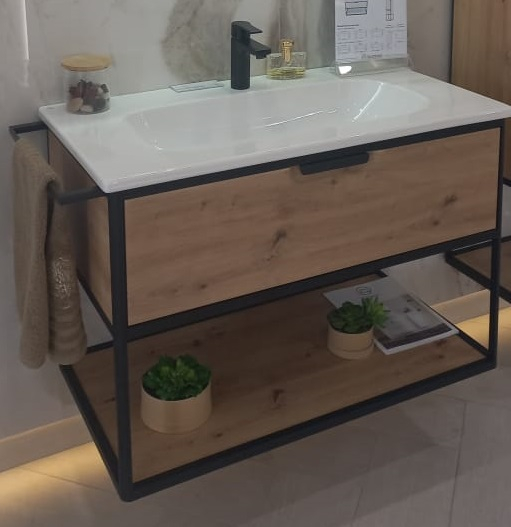 Комплект мебели Burgbad Vry, 93 см, Urban oak decor, (тумба с раковиной, пенал, крючок, полотенцедержатель)