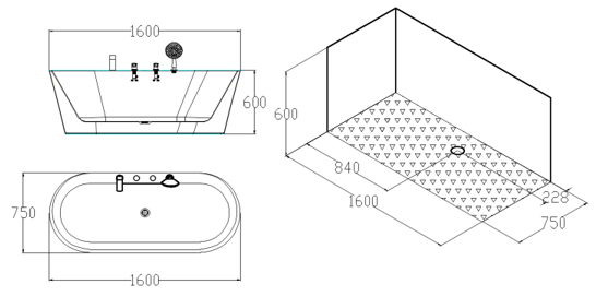 Ванна HB8025-6 акриловая(1600х800х600) свободностоящая,смеситель на борту