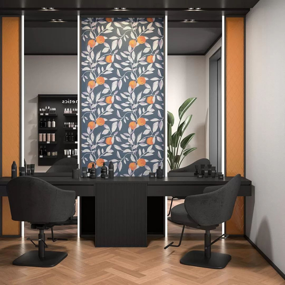 KM8503 Обои виниловые на флизелиновой основе Шафран мотив, синий, апельсины Kerama Marazzi