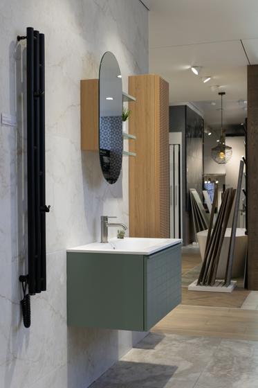 Комплект мебели Novello Bloom 80 см, тумба с раковиной, пенал, зеркало с боковой полкой, oliva opaco